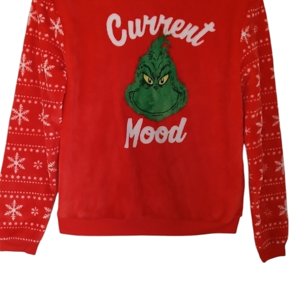 Dr. Seuss The Grinch "Current Mood" Crew-neck Sweatshirt Fuzzy Cuffed Sleeves - Picture 5 of 6